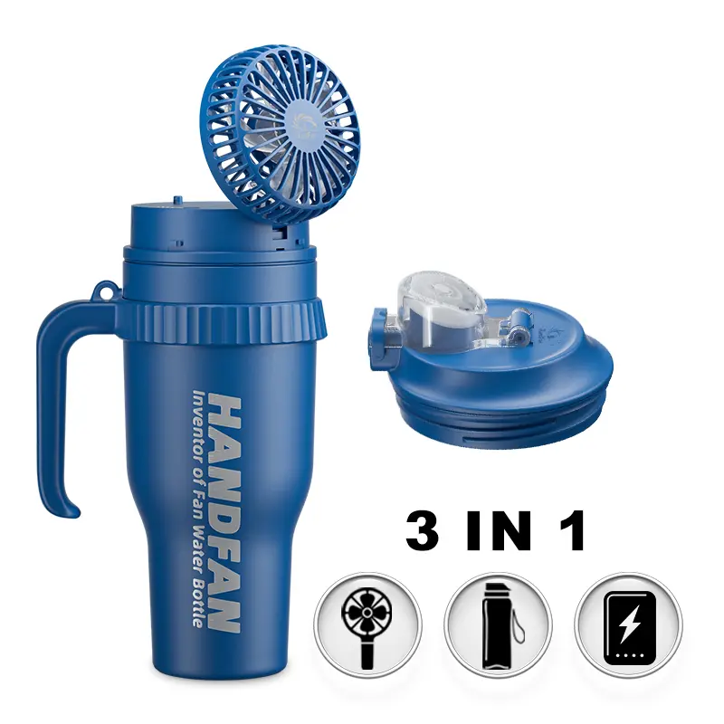 HandFan 40 oz tumbler 3 in 1  BPA Free Insulation bottle mini Portable fan Power bank Gift for Hiking Camping Travel Party Sports Workout Outdoor activity  Blue Thermos for Amuzement Park Office Truck Driver Summer Essential