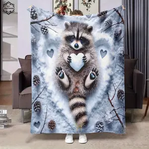 1PC  Fall Halloween Picnic Blanket Soft Blanket Cozy Flannel Blanket With Adorable Raccoon & Winter Forest Print - Soft  All-Season Throw For Home, Office, Travel - Perfect Gift For Nature Lovers, Home Comfort Accessory,Thin Blanket Dream Workshop