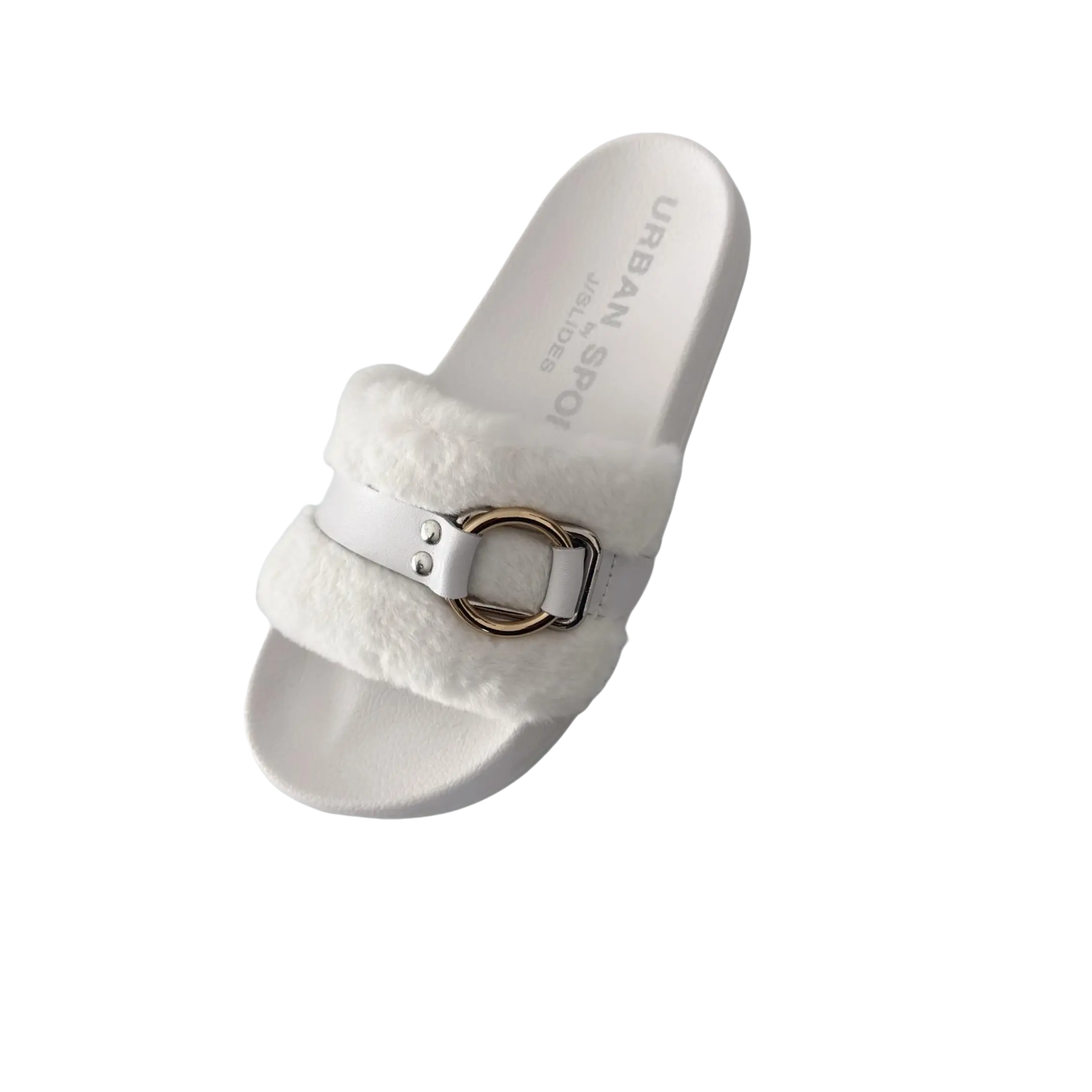 Urban Sport by J/Slides Womens Gold Buckle Slide Sandals Black Faux Fur