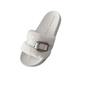 Urban Sport by J/Slides Womens Gold Buckle Slide Sandals Black Faux Fur