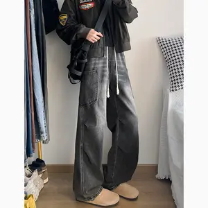 Autumn new design washed denim jeans men's pleated loose oversized straight leg pants micro flared jeans men's autumn American style Vibe retro straight leg men's micro flared pants men's flared pants