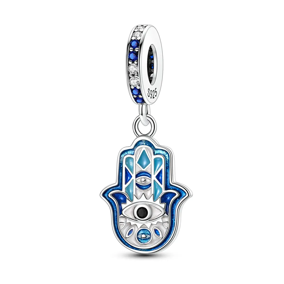 MULA 925 Sterling Silver Hamsa Hand Charm with Blue Enamel, Cubic Zirconia - Evil Eye Motif, Pandora Compatible, Lucky Energy Collectibles, Charms & Pendants for Girl, Casual Daily Wear Gift, Auspicious, Exquisite Silver Finishing