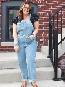 Plus Size Light Blue High Waist Denim Overalls, Adjustable Straps, Practical Front Pockets, Casual Daily Wear, Conceals Belly Fat