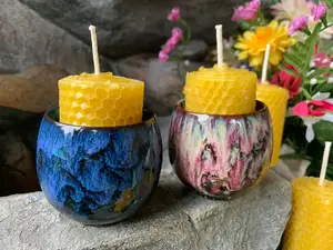 Honeycomb, Cylinder Candles,Beeswax Natural,Hand Rolled,Pillar Candles,w Hand Painted Ceramic Votive
