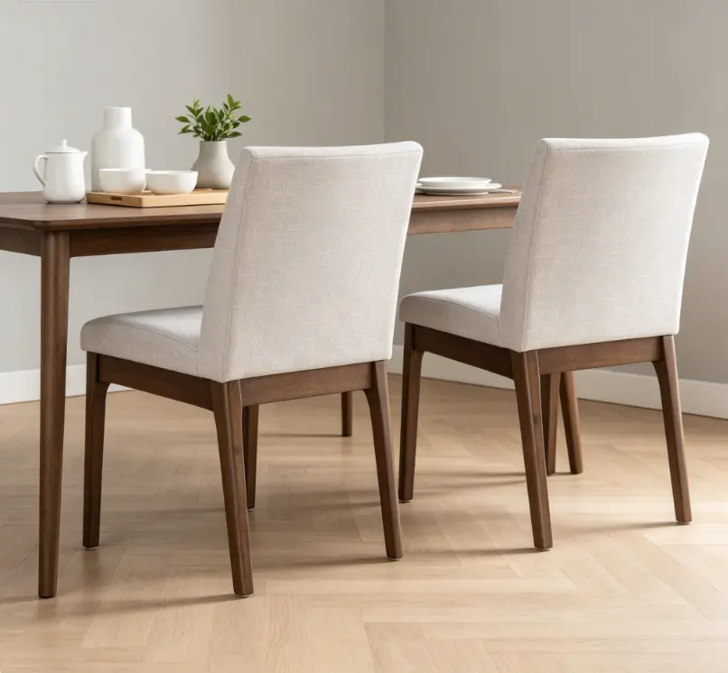 Minimalist 2-Piece Upholstered Contemporary Dining Chairs - Rubberwood Legs, Walnut & Light Beige Finish, Indoor Dining Room Furniture with Padded Seat & Backrest