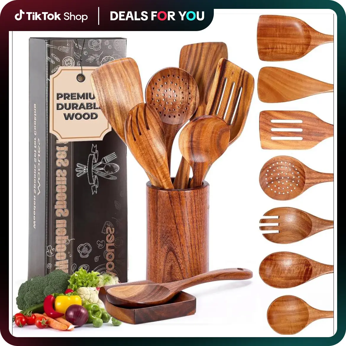 Mooues Premium 9-Piece Teak Cooking Utensil Set - Eco-Friendly, Non-Stick, Easy to Clean, Durable & Safe Kitchen Tools with Comfortable Grips