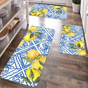 Jit 2/3pcs Kitchen Flannel Rug Set, Lemon & Bohemian Pattern Decorative Mat, Non-Slip Washable Soft Carpet for Kitchen Laundry Hallway