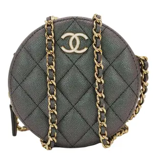 Pre-owned CHANEL Quilted Iridescent Caviar Leather Crossbody Bags Round Clutch Crossbody Bag Green