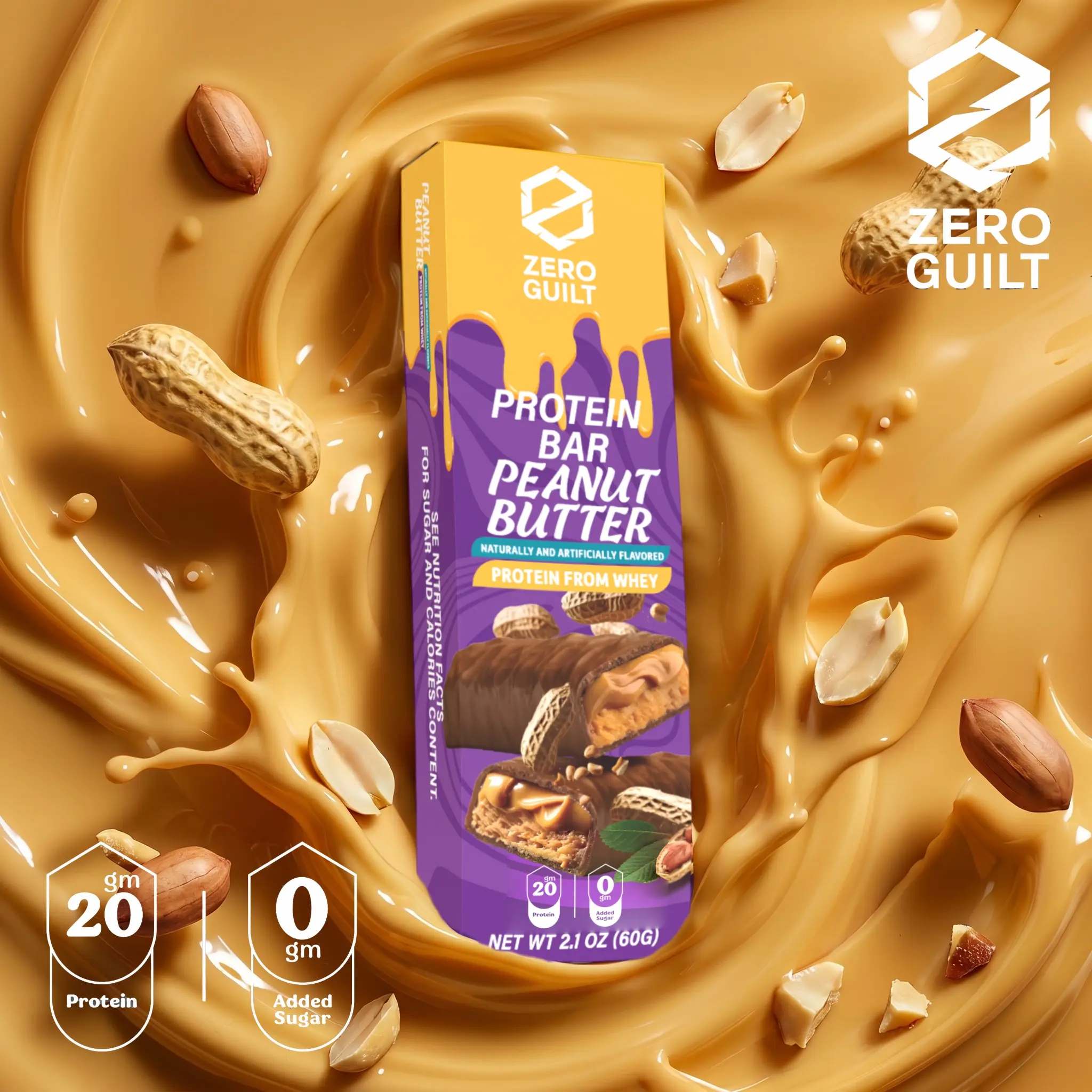ZERO GUILT Peanut Butter 20G Protein Bar, ZERO Added Sugar, 60g Net Weight - 12 Pack