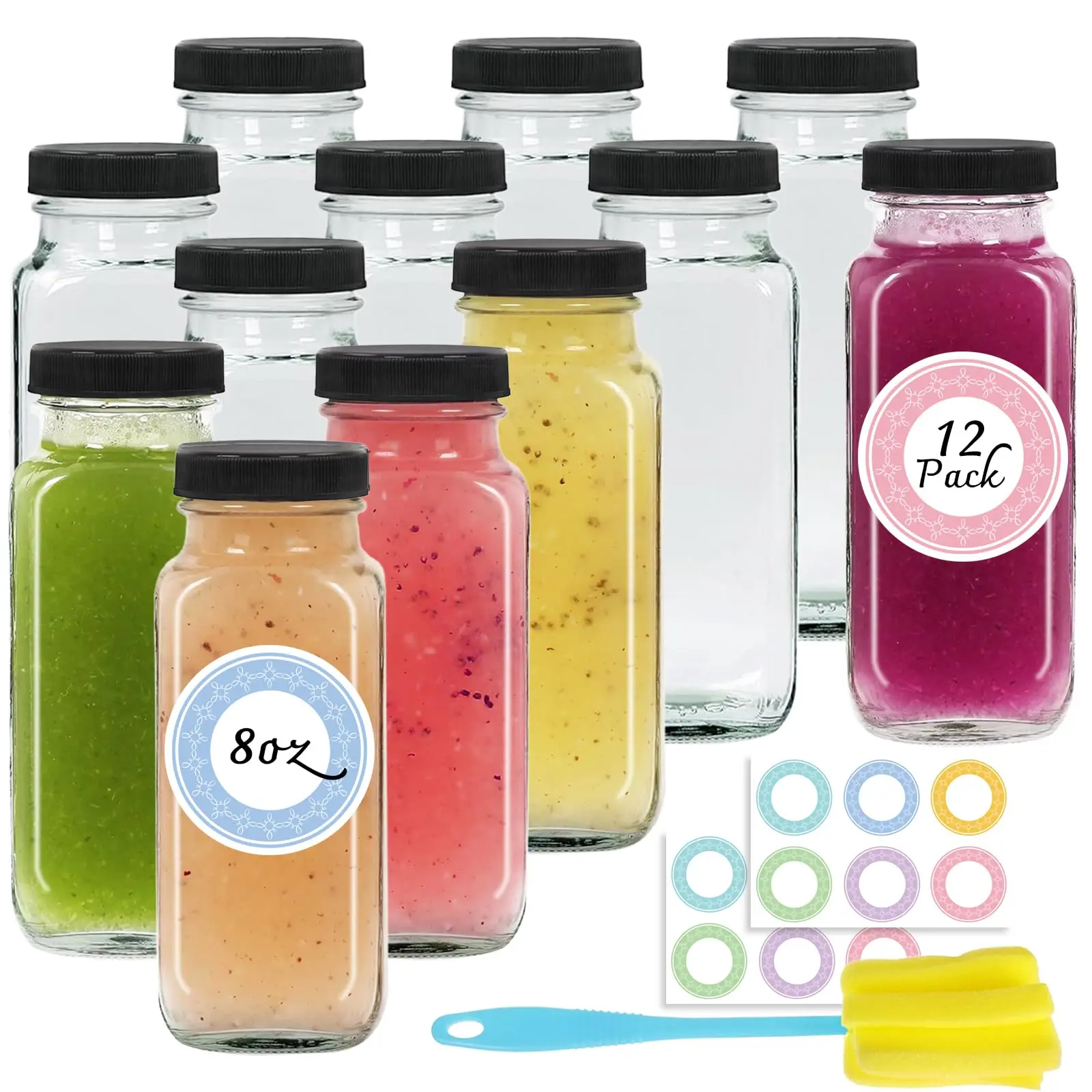 12-Pack 8 oz (250ml) Reusable Glass Juice Bottles with Leak-Proof Lids, Labels, Brush - Food Grade Anti-Leak Bottle Cap Glass Jars, Plastic-Free Kitchen Preserving Containers for Juicing, Kombucha Freshness Maintenance, Anti-Leak Jars, Bottle Cap Jars