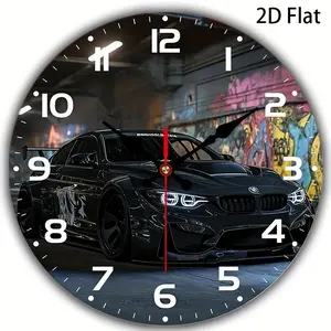 2D Flat, 1 pc, Black Samurai Sports Car, Silent Round Quartz Wall Clock, Suitable for Bedroom, Living Room, Office, Kitchen Decoration - (AA batteries not included) Christmas Decoration