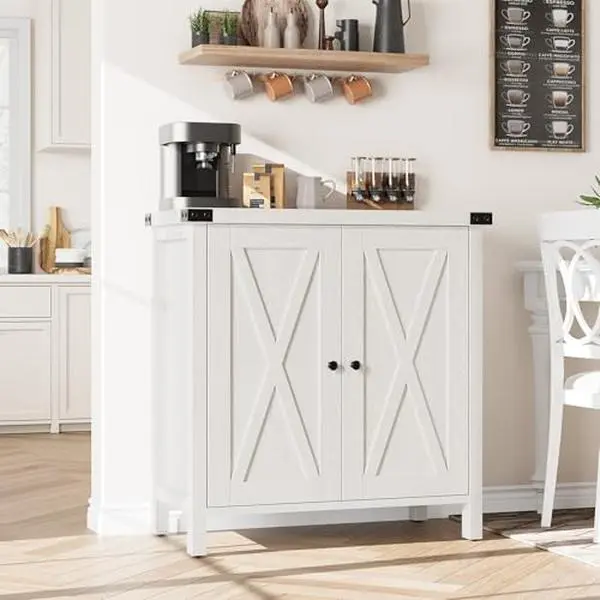 Small Storage Cabinet, Farmhouse Sideboard Buffet Cabinet with 2 Doors and Adjustable Shelves, Accent Entryway Console Cabinets for Living Room, Dining Room,Rustic White