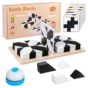 32-Block Battle Blocks 3D Hiding Puzzle, Wooden Pattern Blocks Game, Montessori Matching Toy for Kids