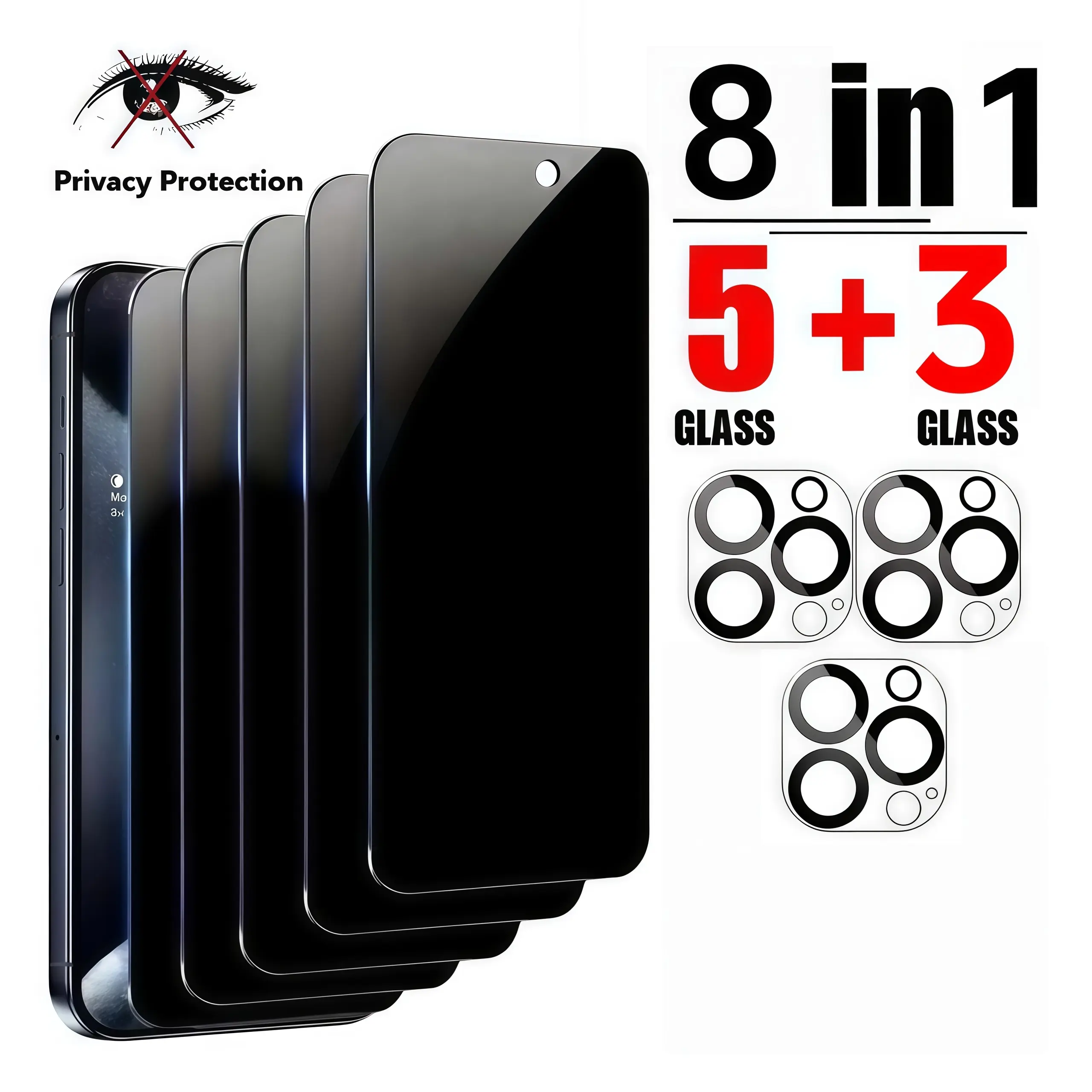 5 pieces+3 lens 8in1 Pack Privacy Screen Protector Tempered Glass Anti Spy+Scratch-resistant full coverage camera lens protection Compatible For iPhone 16 17 15 14 13 12 11 16e Plus Air Pro Max Pro Max Tempered Glass Protector protective, Smartphone, Pad