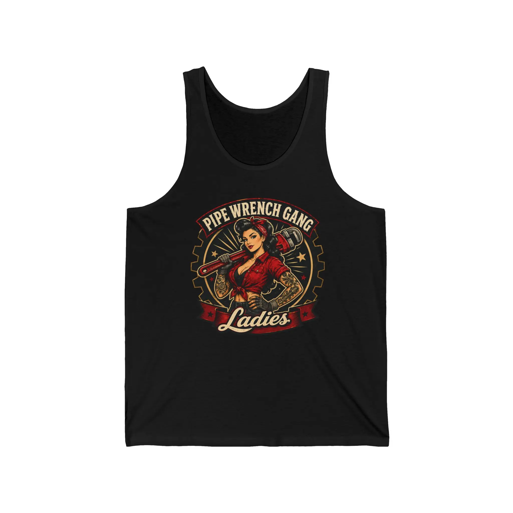 Pipe Wrench Gang Tattoo Ladies tank | Retro Rosie the Riveter mechanic design Cotton Fabric
