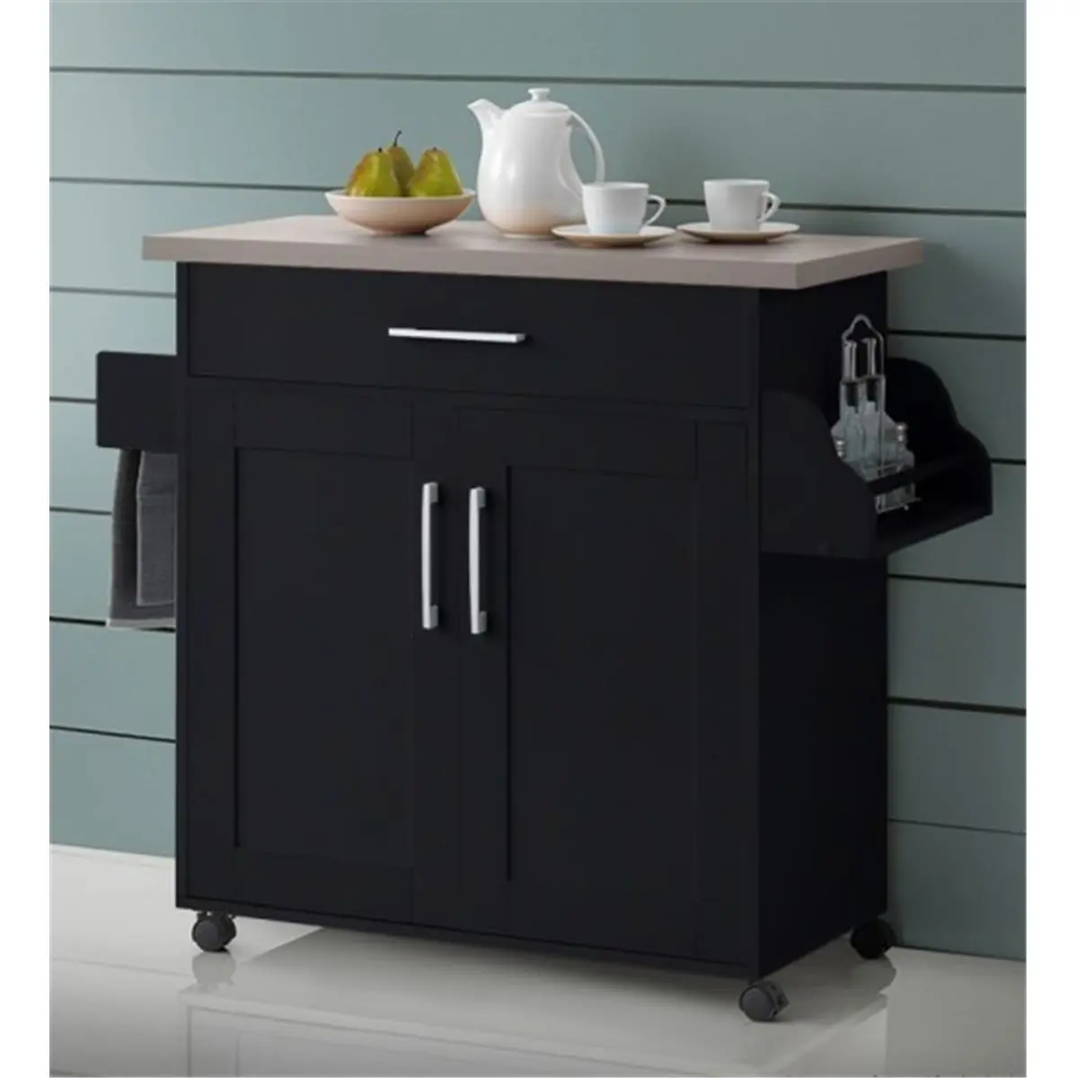 Hodedah Chocolate-Grey Bar Cabinet Kitchen Island - Furniture Storage Kitchen Sideboard with Spice Rack, Towel Rack (Model HIK78 CHOC-GREY)
