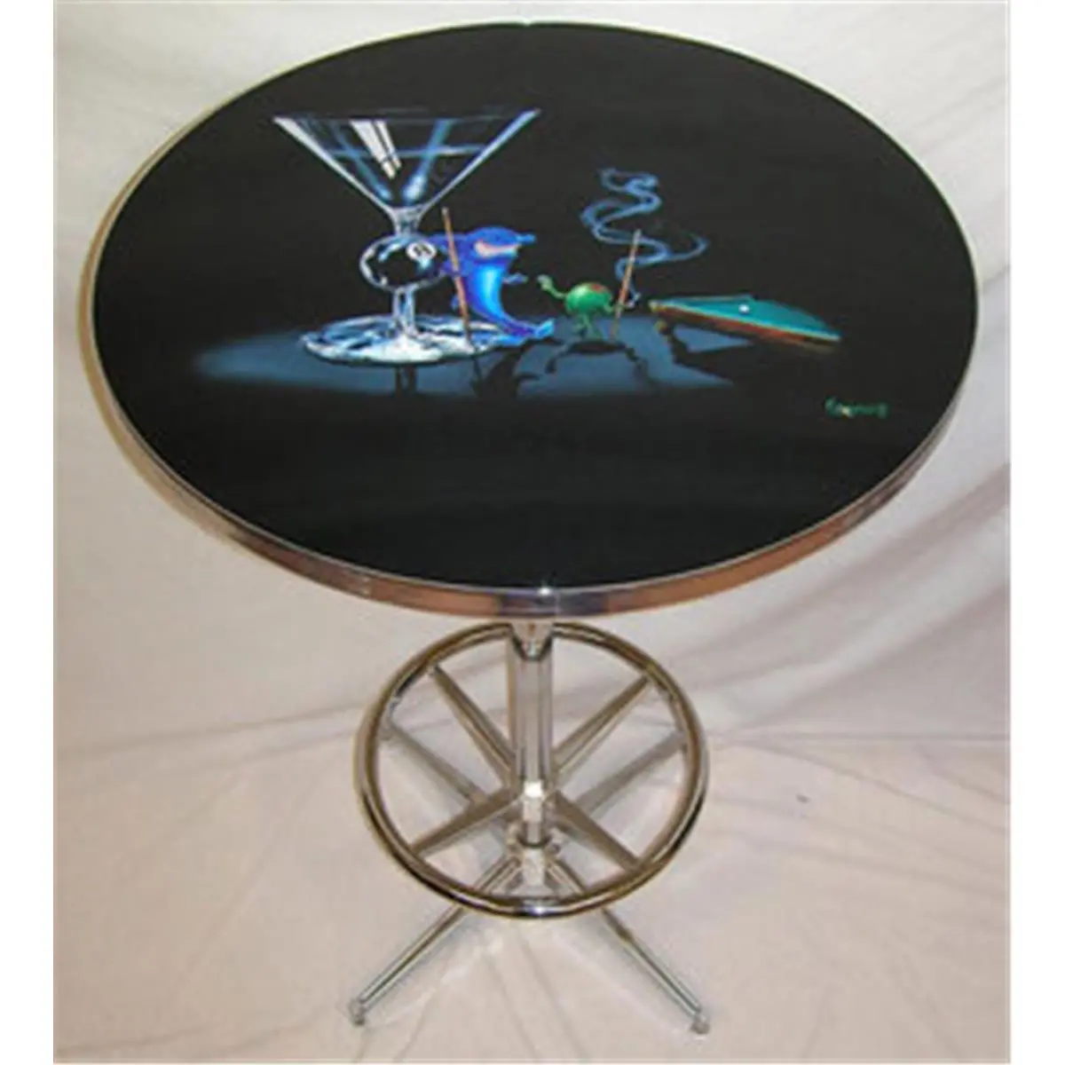 212 MAIN Pool Shark Pub Table - 28 in Outdoor Table, Acrylic Top, Artwork Logo, Chrome ft, Scratch Resistant Furniture, Chrome Feet
