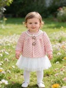 Spring/autumn Baby Girl Thin Jacket, Plaid Open Front Cardigan, Hidden Button Design, Cute Floral Pattern, Perfect for Spring Break