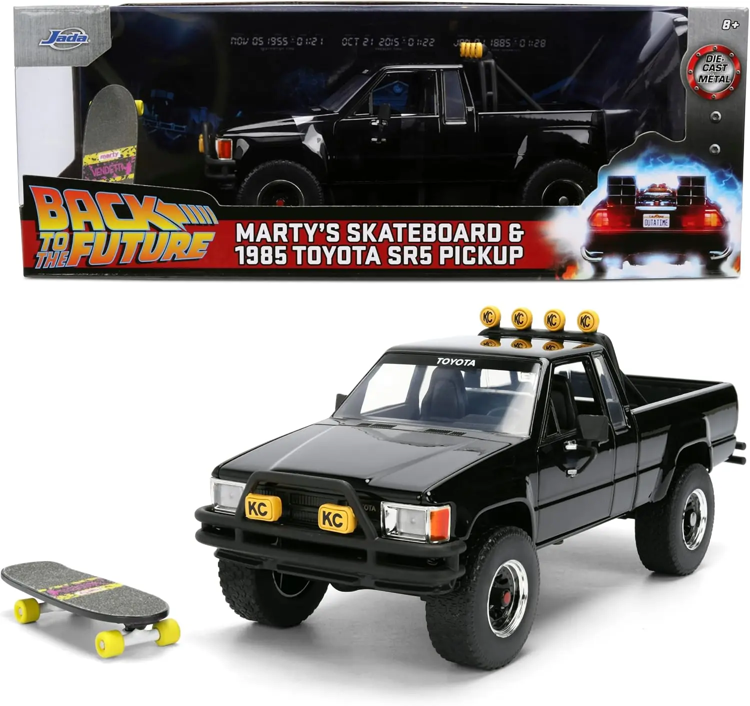 Back to the Future 1985 Toyota SR5 Pickup Truck with Skateboard - 1:24 Hollywood Rides Diecast Model with Opening Doors and Hood