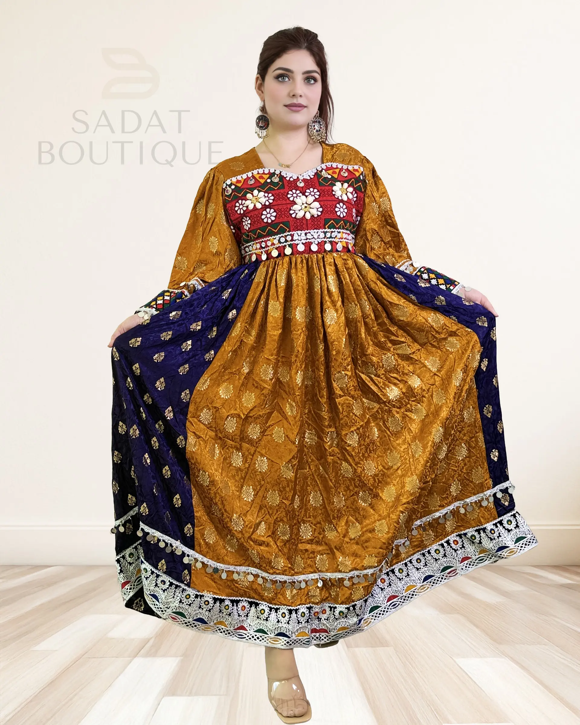 Afghan Traditional Dress – Golden & Navy Elegance | Sadat Boutique
