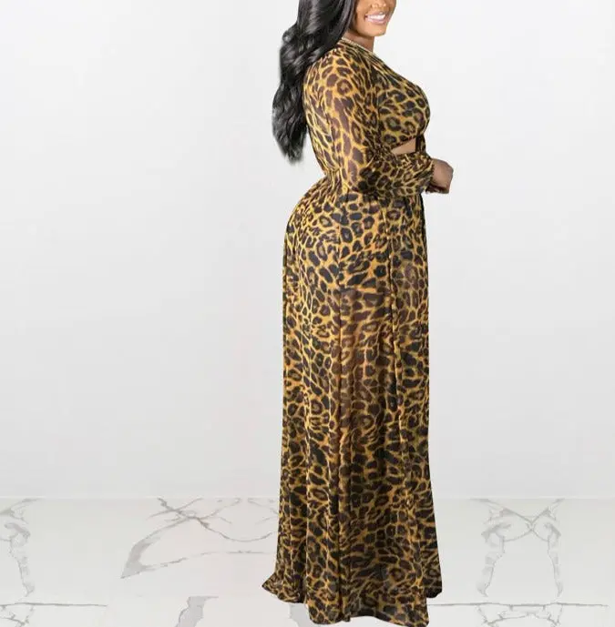 Women's 2-Piece Cheetah Print Adjustable Lace-Up Longsleeve Top and Skirt Set, Casual Chic Comfortable Womenswear Clothing Set