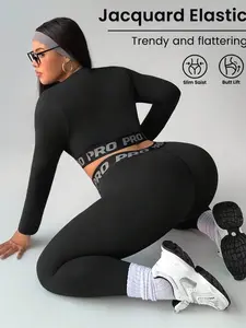 Plus Size Women's Black Letter Print Round Neck Long Sleeve Cropped T-Shirt & Leggings Sports Suit Tummy Control Workout Set for Summer High Stretch Slim Fit