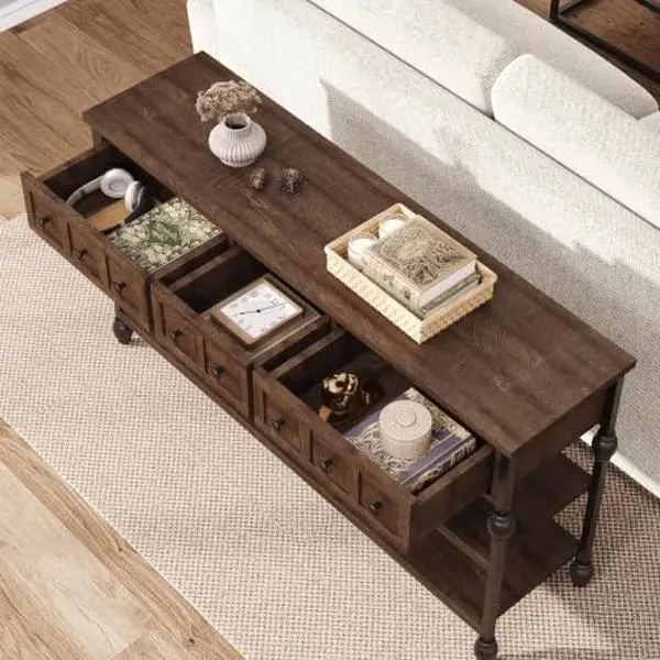 Gaomon 52" Wooden Rectangular Narrow Width Console Table with 3 Drawers, Brownish-Red