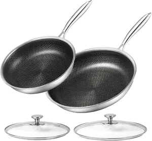 Stainless Steel Frying Pan Set with Lid 10" and 12" Nonstick Honeycomb Coatings Skillet Set 2 count W/Stay Cool Handle,Works Pan for Cooking with Induction Gas Stovetops