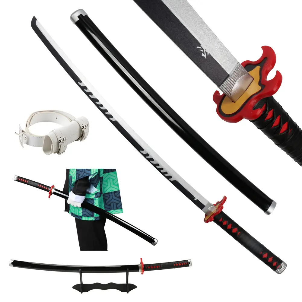 ELERVINO 41 inches Bamboo Wooden Demon Slayer Cosplay Sword Kagura with Belt and Holder Stand Display for Halloween Anime Role Playing Props Cosplay Collection Decoration Christmas Gift Birthday Decoration