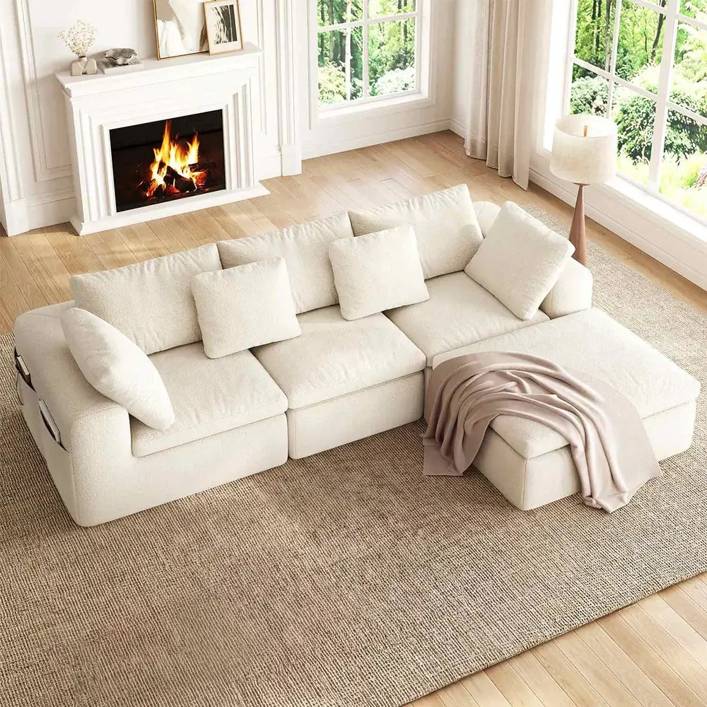 Sikaic Modular Sectional Sofa with Ottoman, Convertible L Shaped Cloud Couch with Storage Pockets for Living Room Furniture