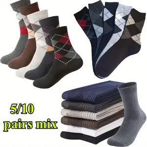 5/10 Pairs Men's Long tube sweat absorption Versatile vertical stripe pure black business socks Geometric pattern socks for autumn and winter, comfortable, soft, thick and casual socks