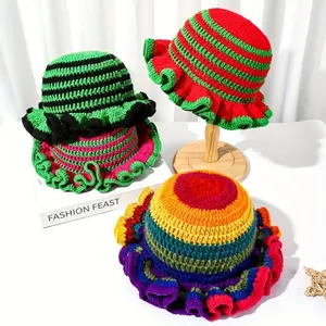 Vibrant Ruffled Bucket Hat for Women - Hand-Crocheted, Breathable, Elastic, and Hand-Washable with Unique Festive Design -  for Christmas, Seasonal , and Outdoor Activities