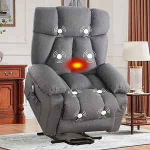 JONPONY Power Lift Recliner Chair with Heat and Massage, Lay Flat Assist Recliner with Side Pocket, USB Charge Port for Living Room，Grey