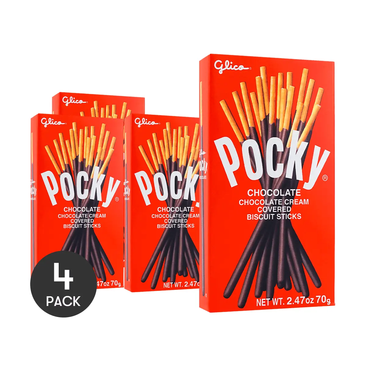 4 Pack Glico Classic Pocky Chocolate Cookie Sticks 2.47 oz - Japanese Biscuit Snack, Crunchy