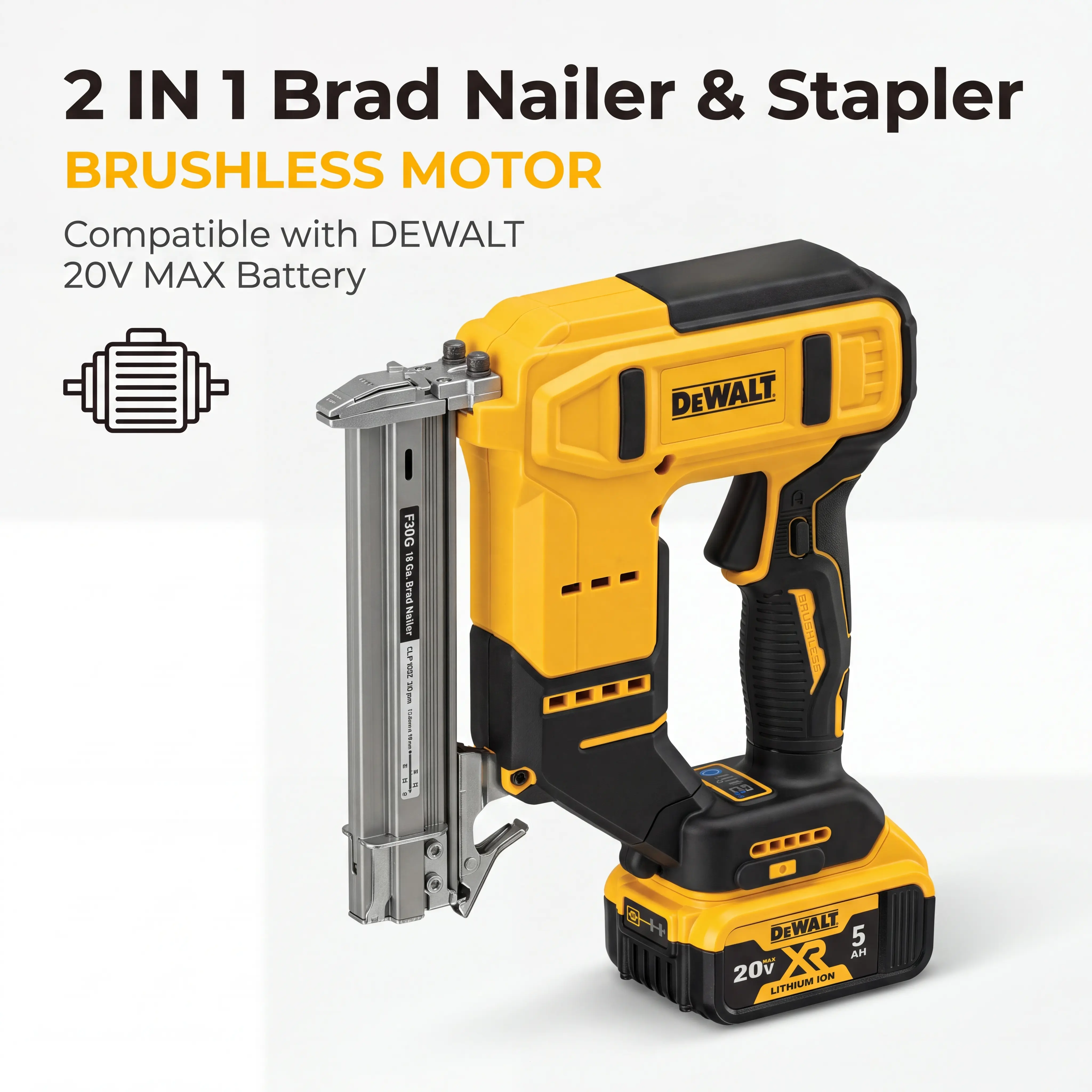 F30 18 Gauge Brushless Cordless Brad Nailer Stapler Gun Compatible with DeWalt 20V Battery Platform Dual Firing Mode Electric Power Fastener Tool Only for Baseboard Cabinetry Trim Woodworking DIY Furniture