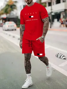 Men's Casual Sports Set, Comfortable Polyester Round Neck T-Shirt and Shorts, Summer Fashion Print Design for Active Lifestyle, Athletic Workout Clothing, Athletic Fit