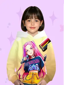 Sweet Cool Bottom Kpop Anime Girl Graphic Print Hoodie, Casual Fitted Long Sleeve Sweatshirt, Random Print, Cartoon Print Sweatshirt for Fall & Winter