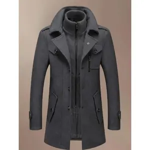 Men's Fashion Double Collar Mixed Fiber Long Coat, Zipper and Pocket Design, Warm and Durable, Winter Fashion Clothing, Suitable for Business or Casual Autumn/Winter