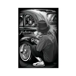 Vintage Black and White Car Canvas Wall Art, Retro Monochrome Urban Decor Poster, Classic Street Style Canvas Print for Living Room Bedroom Office