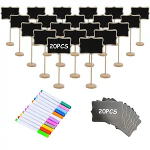 20PCS Wood Mini Chalkboard Sign and Replacement Stickers, Food Labels for Party Buffet, Blackboard Message Board Signs, Weddings Place Cards for Birthday Party
