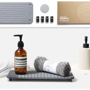 Instant Dry Sink  Organizer - Quick Stone Drying Tray for Kitchen Bathroom Countertop Home Decor, Diatomite Stone Sink Tray Rack(with Black Stainless Steel , Gray)