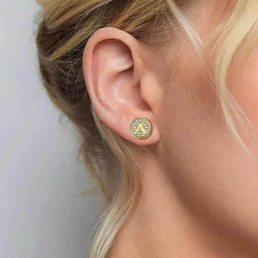A-Z Initial Letter Stud Ear Earrings Personal Gift for Men Women Gold Color Alphabet ABC CZ Stud Earrings Jewelry DGE353