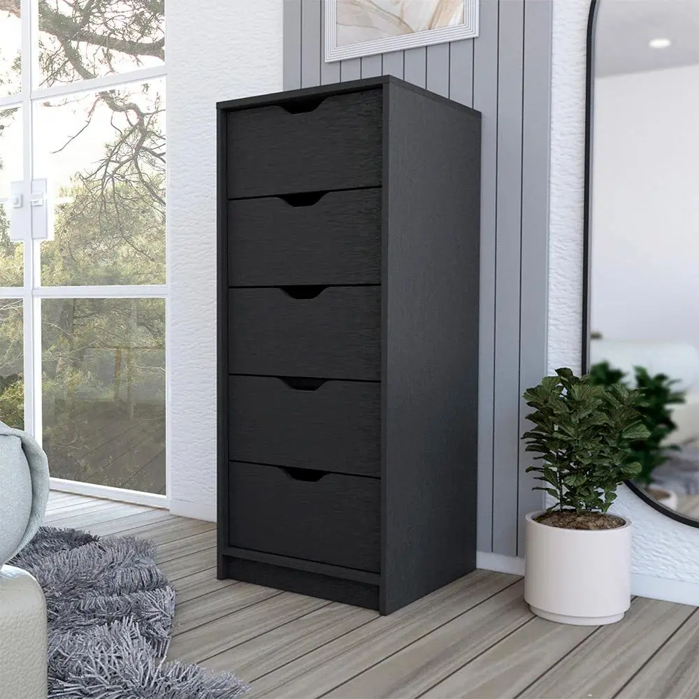 Sleek Kamran Narrow Dresser with 5 Drawers - Elegant Black Wengue Finish for Stylish Storage Solutions
