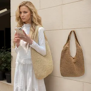 Stylish Straw Knitted Shoulder Bag for Women, Handwoven Bohemian Tote Bag with Top Handle and Spacious Design for Thanksgiving Gifts
