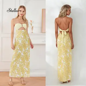 Strapless Summer Dress for Women Stylish Hollow Out Solid/Floral Print Bow Tie Back Sleeveless Tube Long Bodycon Dress