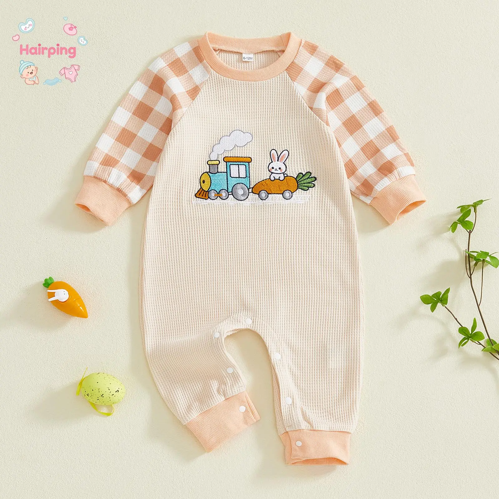 Unisex Baby Beige Round Neck Long Sleeve Romper - Plaid Raglan Sleeve Waffle Knit Elastane-Cotton Bodysuit, Easter Wear Bunny & Train Embroidery Casual Newborn Outfit, Plaid Print, Train Motif