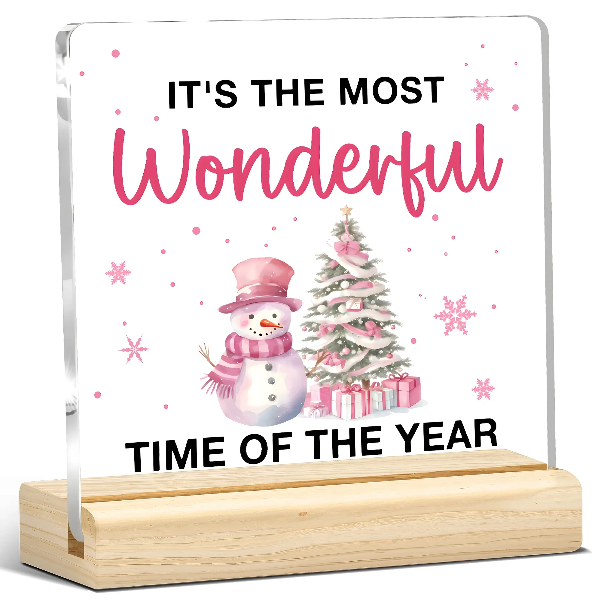 1pc Pink Christmas Acrylic Plaque, kawaii snowman & tree sign, clear tabletop decor for dorm or bedroom, cute winter gift for girlfriend, best friend, college girls,christmas decorations, christmas decor home, room decor, home decor, Novelty Desk Decor