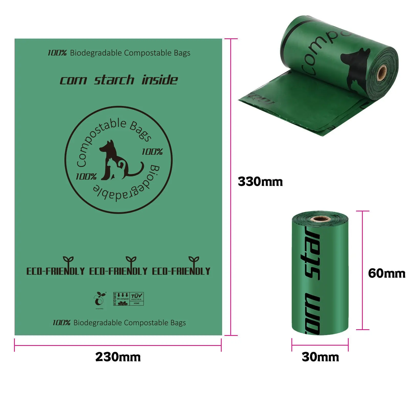 100% Biodegradable Dog Poop Bags, Premium Compostable Pet Waste Bags Made with Corn Starch, Eco-Friendly Doggy Pick Up Bags, TÜV Certified Home Compost, Large 230x330mm