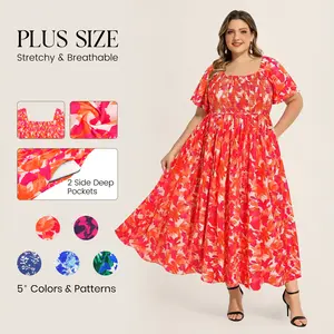 CARCOS Dresses for Women Summer Maxi Women Boho Floral Dresses Short Sleeve  Square Neck Loose Fit Sun Dresses with Pocket (XL-5XL)