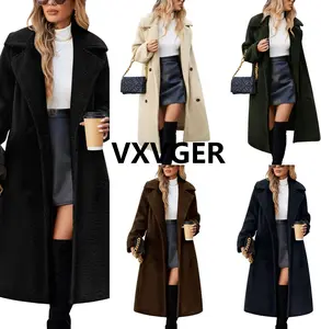 VXVGER Women's Fleece Long Jackets Oversized Double-Breasted Fluffy Coats Winter Lapel Faux Fur Warm Overcoats with Pockets for Fall & Winter